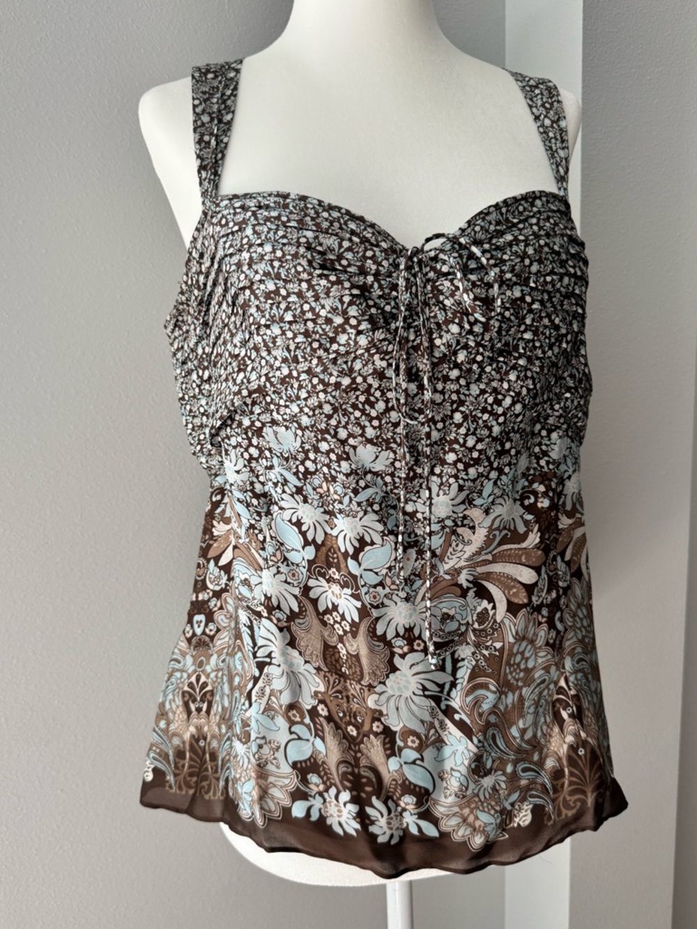 Y2K Ann Taylor 100% silk floral pleated tank blouse sweetheart neckline size 10